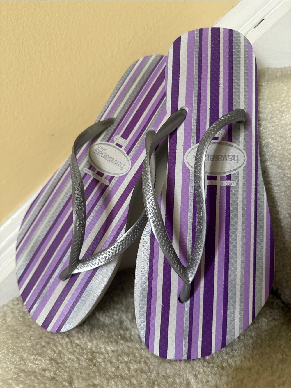 Havaianas slim Purple & Silver Striped Flip Flops with Gray Straps